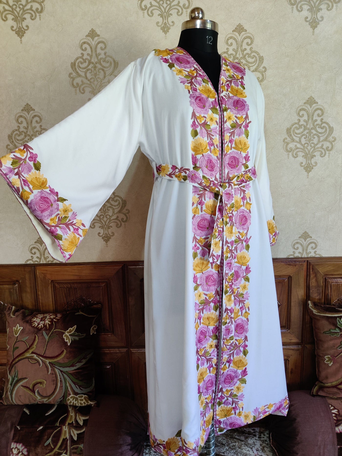 White Long Kashmiri Embroidery Robe with Floral Embroidery Belt | Kashmiri Kimono Robe KashmKari