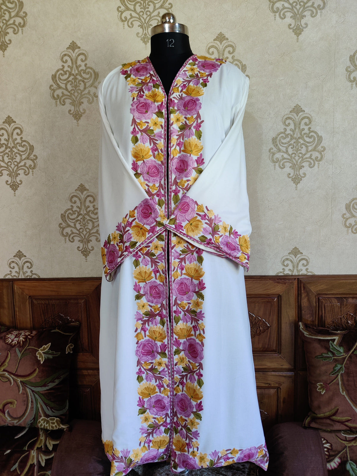 White Long Kashmiri Embroidery Robe with Floral Embroidery Belt | Kashmiri Kimono Robe KashmKari