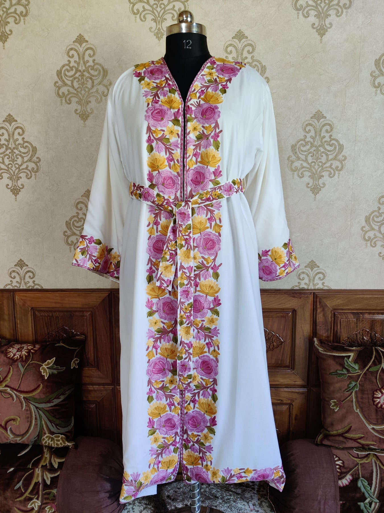White Long Kashmiri Embroidery Robe with Floral Embroidery Belt | Kash ...