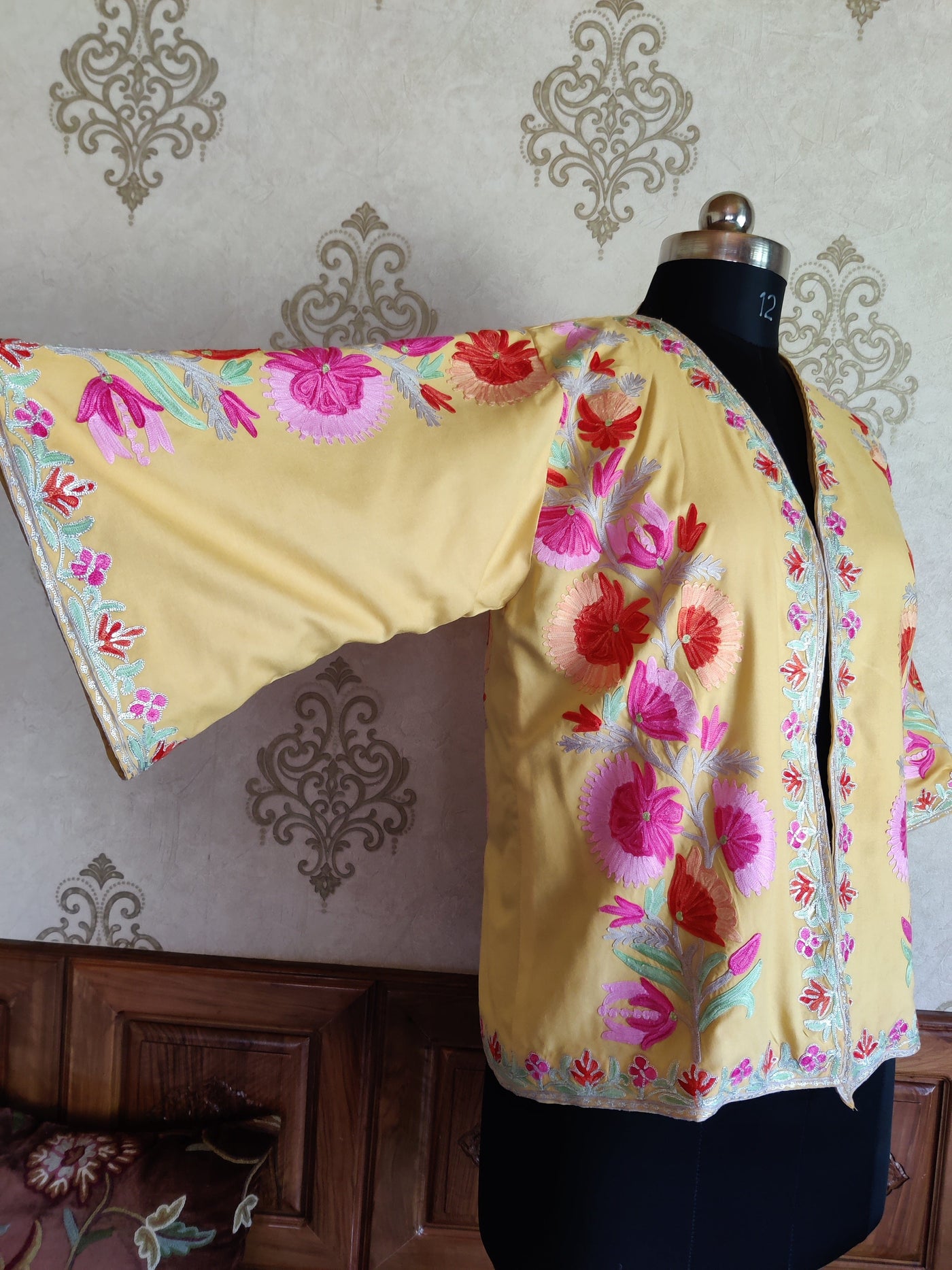 Yellow Short Kimono with Kashmiri Floral Embroidery | Kashmiri Embroidery Robe Robe KashmKari