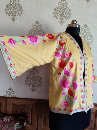 Yellow Short Kimono with Kashmiri Floral Embroidery | Kashmiri Embroidery Robe Robe KashmKari