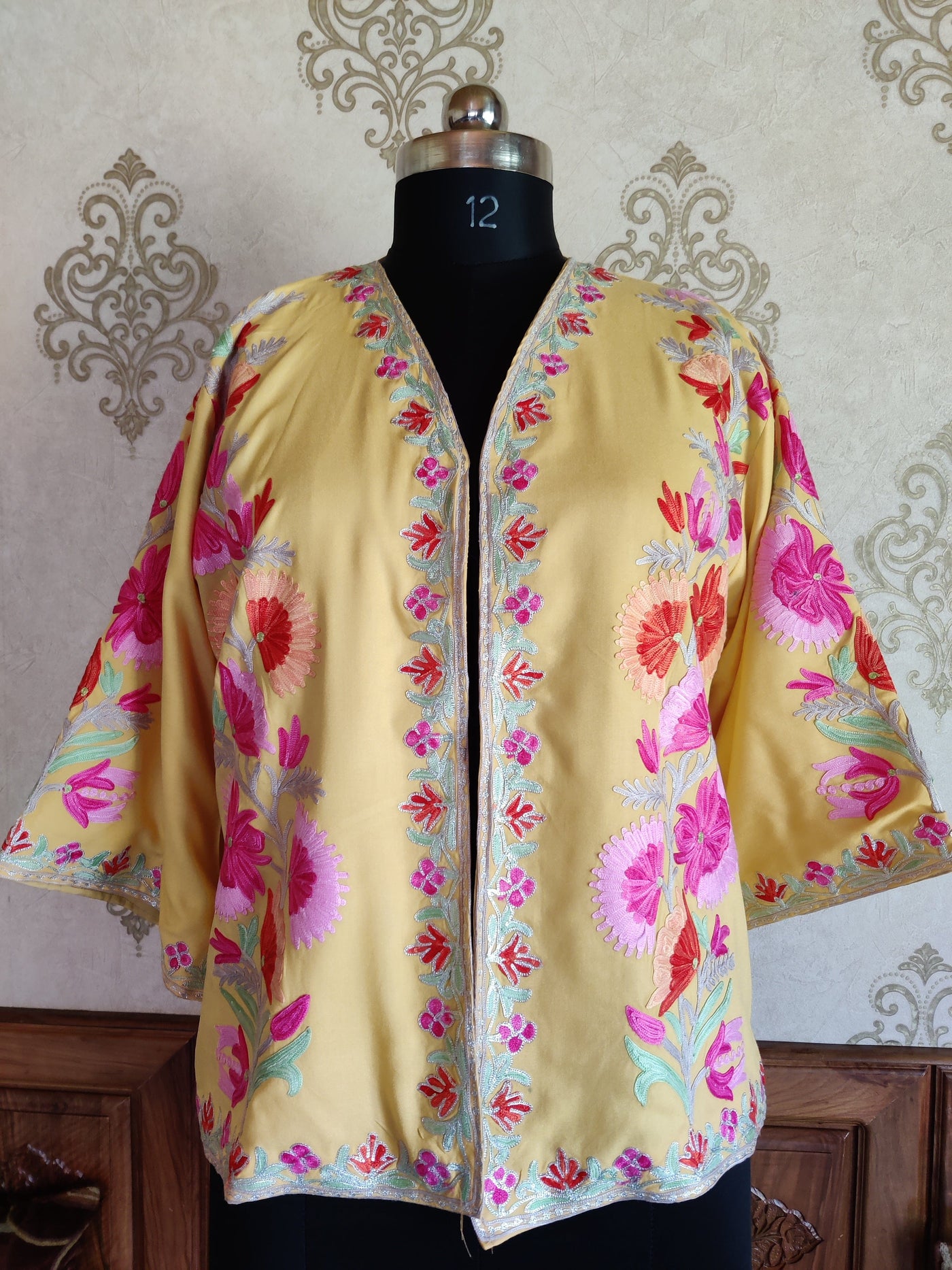 Yellow Short Kimono with Kashmiri Floral Embroidery | Kashmiri Embroidery Robe Robe KashmKari