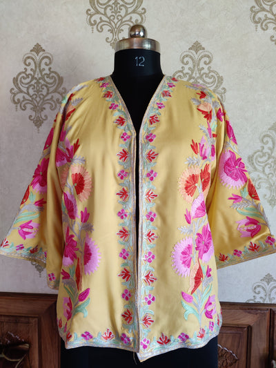Yellow Short Kimono with Kashmiri Floral Embroidery | Kashmiri Embroidery Robe Robe KashmKari