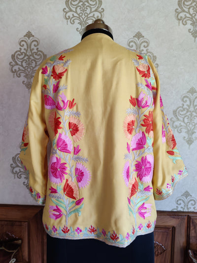 Yellow Short Kimono with Kashmiri Floral Embroidery | Kashmiri Embroidery Robe Robe KashmKari