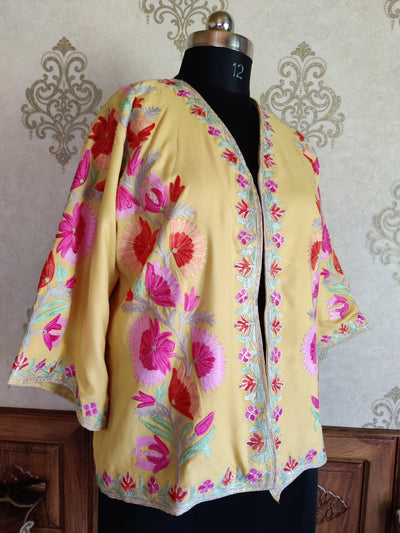 Yellow Short Kimono with Kashmiri Floral Embroidery | Kashmiri Embroidery Robe Robe KashmKari