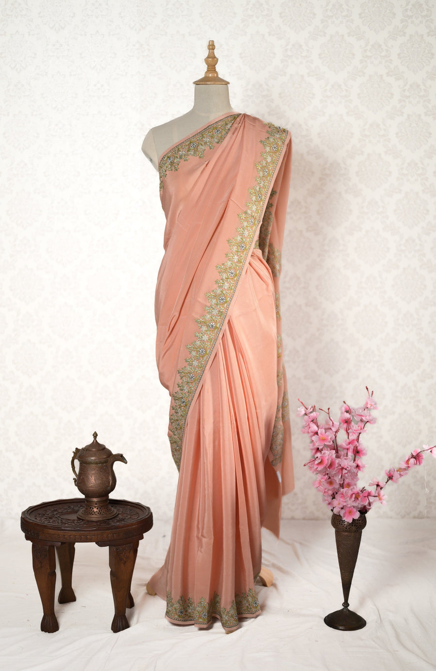 Peach Kashmiri Pure Crepe Aari Embroidery Saree - KashmKari