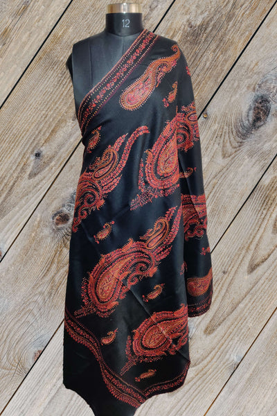 Kashmir Thread shawl Black Sozni Hand-Embroidered Kashmiri Tusha Shawl