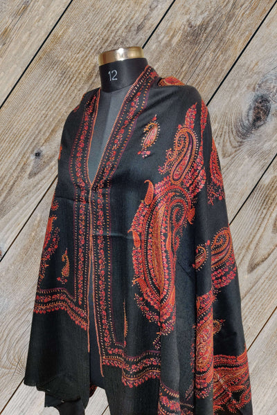 Kashmir Thread shawl Black Sozni Hand-Embroidered Kashmiri Tusha Shawl