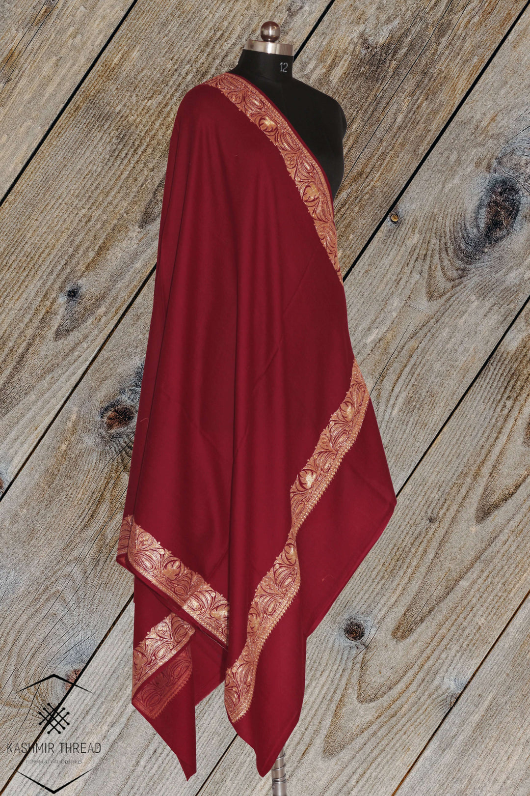 Elegant Maroon Merino Wool Shawl with Tilla Embroidery – KashmKari
