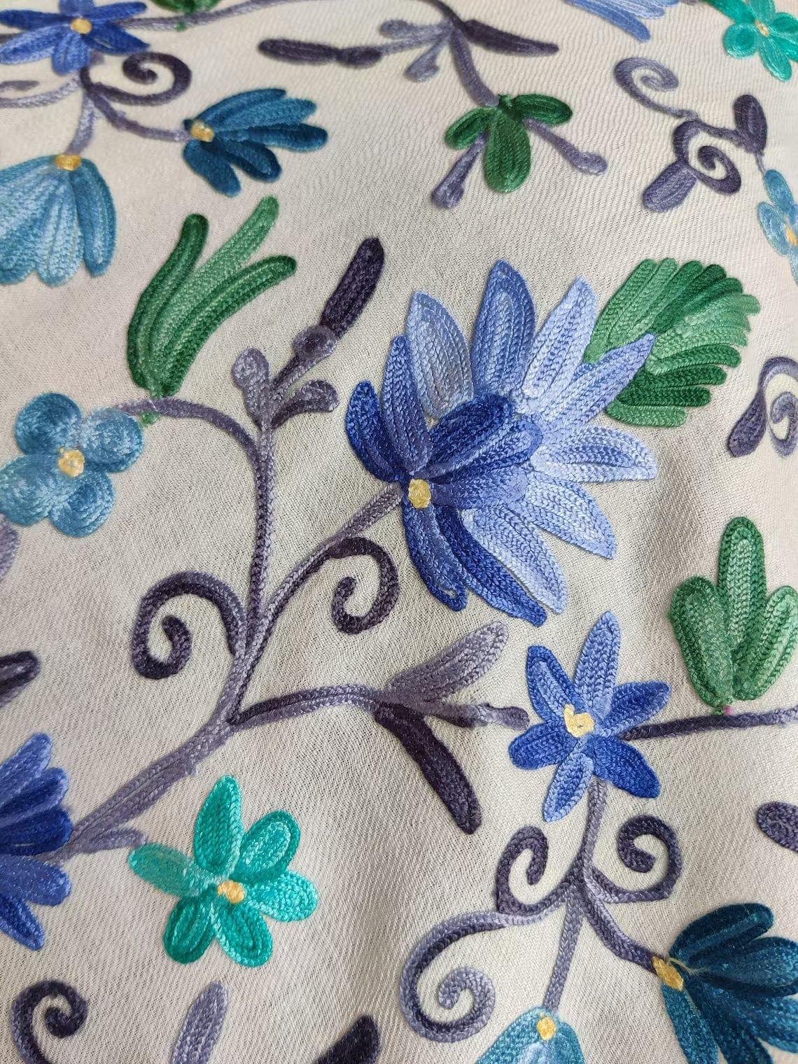 White Kashmiri Woolen Shawl with All Over Embroidery Shawl KashmKari Pure Wool / White / Blue  Kashmiri Shawl Online At a Friendly Price | Kashmir Thread 