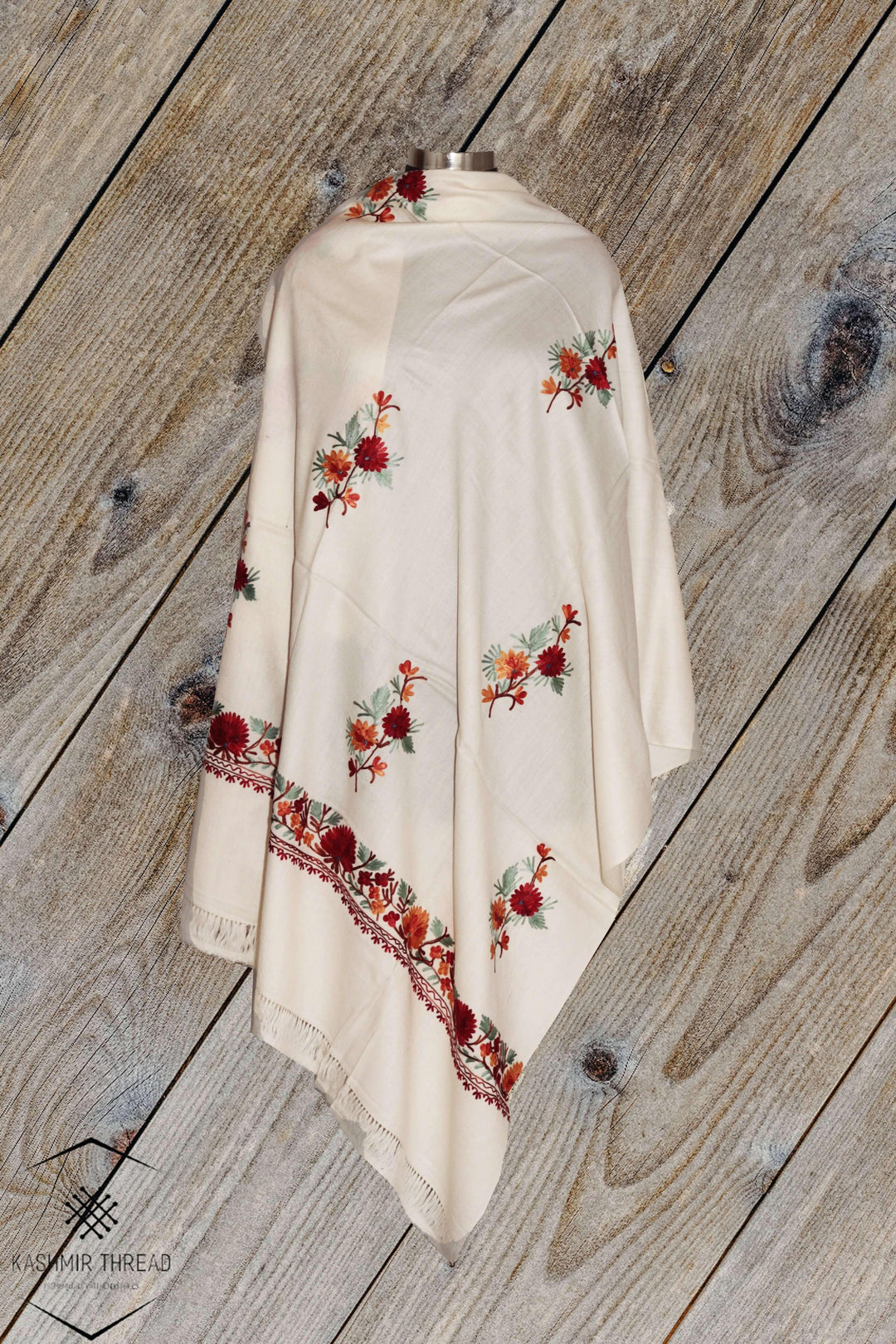 Aari Blossom: White Fine Merino Wool Kashmiri Shawl