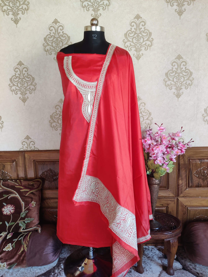 Kashmir Thread Summer Suit Pure Silk Tilla Kashmiri Suit Three-Piece With Heavy Embroidery On Sleeves