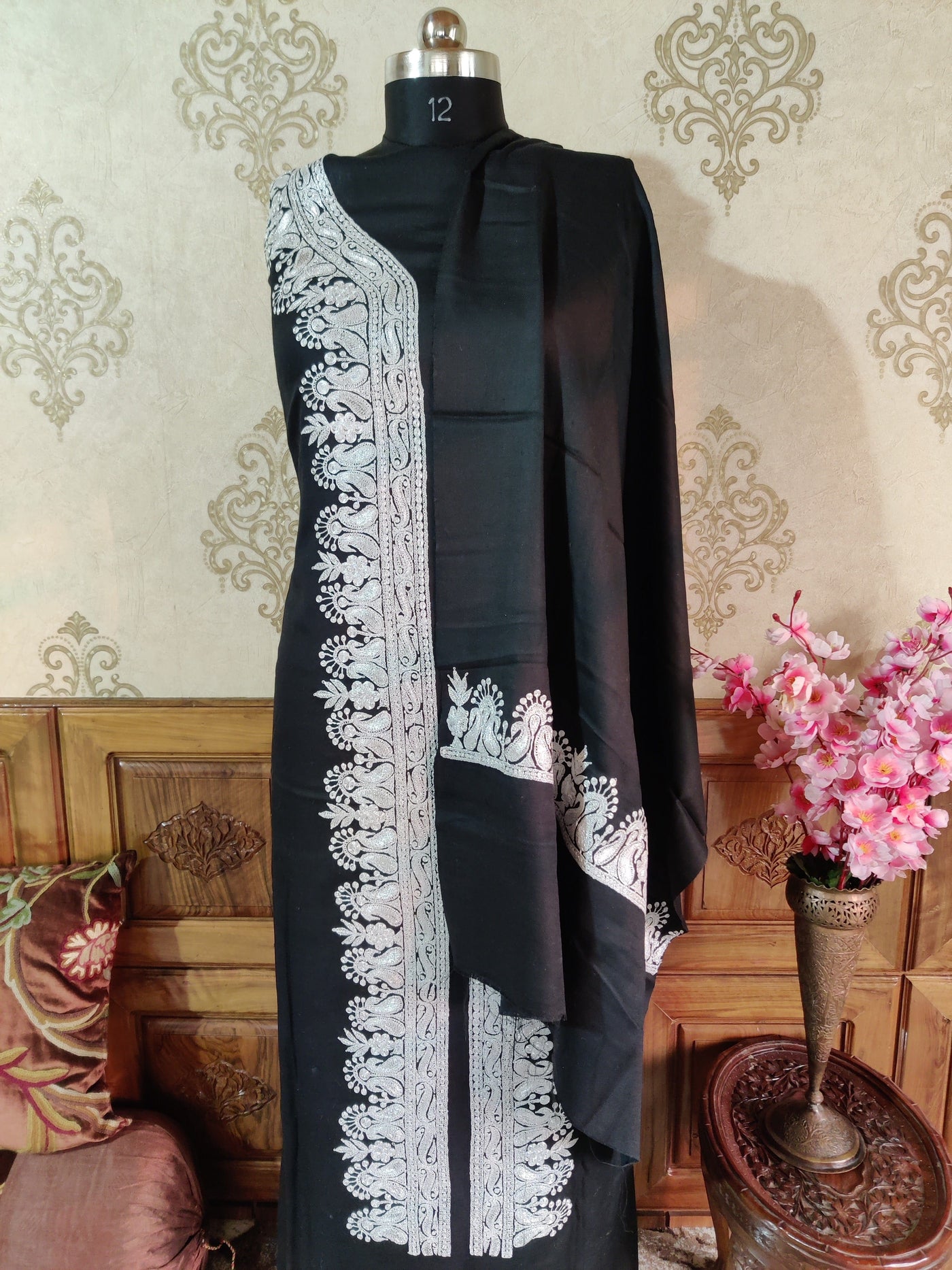 Black Kashmiri Suit Woollen With Tilla Embroidery (3 pcs) Woolen Suit KashmKari Black Kashmiri Woollen Suit With Tilla Embroidery design (3 pcs).  Kashmiri Suit online