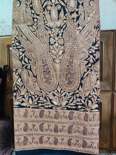 Black Kashmiri Woolen Suit with Multi Dual Color Tilla Embroidery All Over Paisley Designs (3 Pcs) Woolen Suit KashmKari Blue Kashmiri Woollen Suit With Tilla Embroidery jaal design (3 pcs).  Kashmiri Suit online