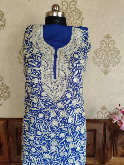 Kashmiri Suit Woollen With all over Tilla Embroidery (3 pcs) Woolen Suit KashmKari Blue Kashmiri Woollen Suit With Tilla Embroidery jaal design (3 pcs).  Kashmiri Suit online