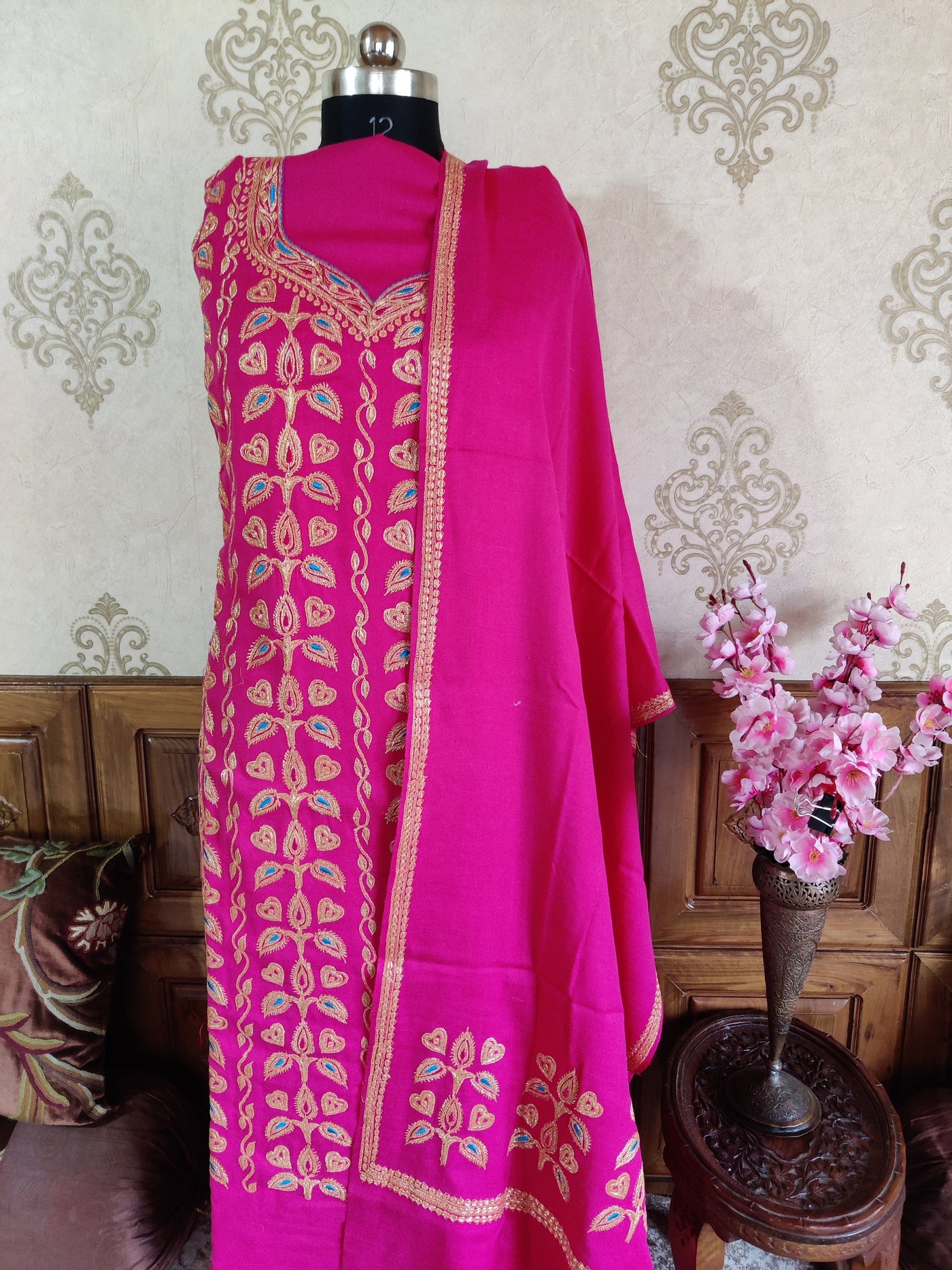 Kashmiri Suit Woollen With Golden Tilla Embroidery Jaal Design (3 Pcs) Woolen Suit KashmKari Blue Kashmiri Woollen Suit With Tilla Embroidery jaal design (3 pcs).  Kashmiri Suit online