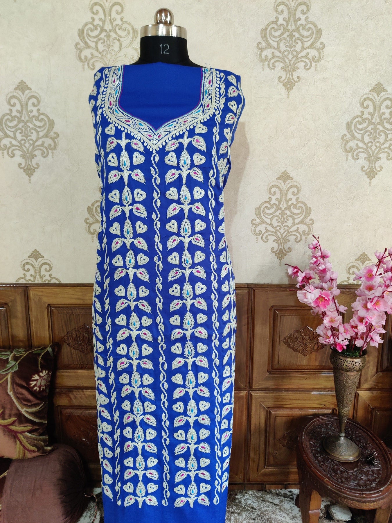 Blue Kashmiri Woollen Suit With Tilla Embroidery jaal design (3