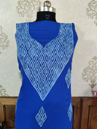 Kashmiri Woolen Suit With Ari Embroidery in (3 Pcs) Woolen Suit KashmKari Blue Kashmiri Woollen Suit With Tilla Embroidery jaal design (3 pcs).  Kashmiri Suit online