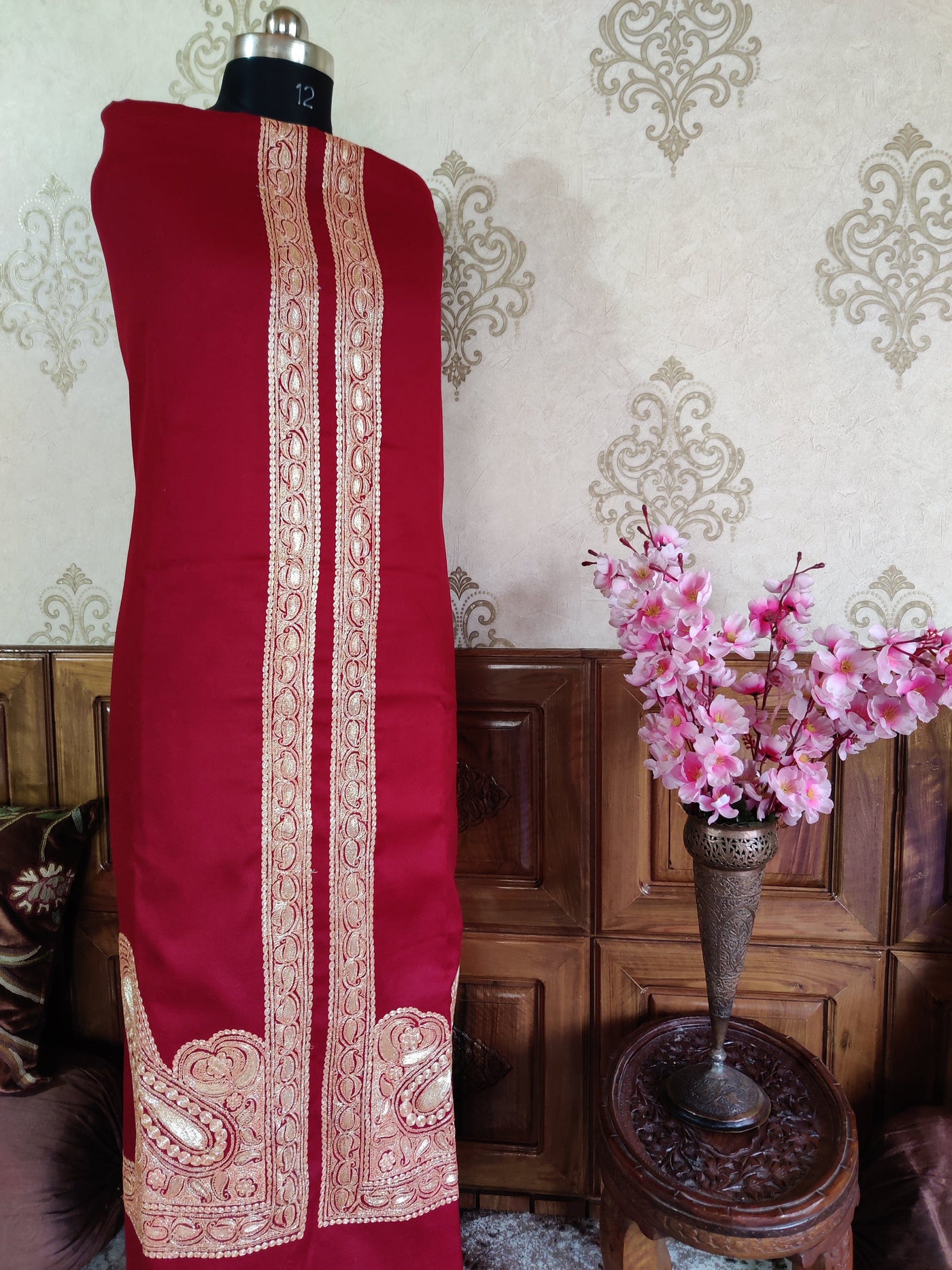 Maroon Kashmiri Suit Woollen With Golden Tilla Embroidery  (3 pcs) Woolen Suit KashmKari Blue Kashmiri Woollen Suit With Tilla Embroidery jaal design (3 pcs).  Kashmiri Suit online