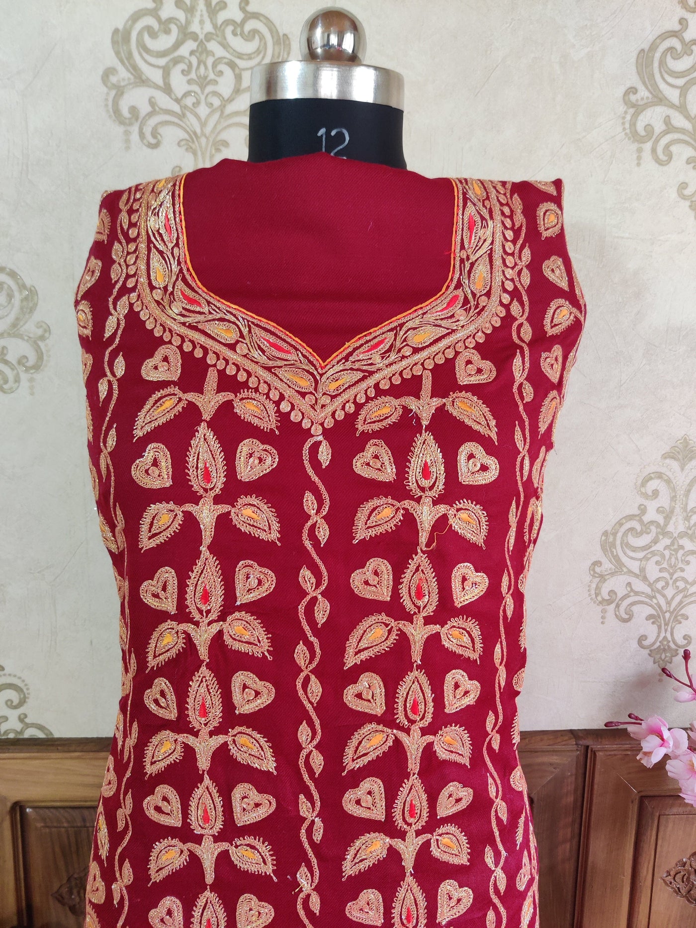 Maroon Kashmiri Woolen Suit With Golden Tilla Embroidery Jaal Design (3 Pcs) Woolen Suit KashmKari Blue Kashmiri Woollen Suit With Tilla Embroidery jaal design (3 pcs).  Kashmiri Suit online