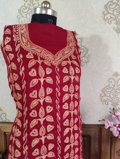 Maroon Kashmiri Woolen Suit With Golden Tilla Embroidery Jaal Design (3 Pcs) Woolen Suit KashmKari Blue Kashmiri Woollen Suit With Tilla Embroidery jaal design (3 pcs).  Kashmiri Suit online