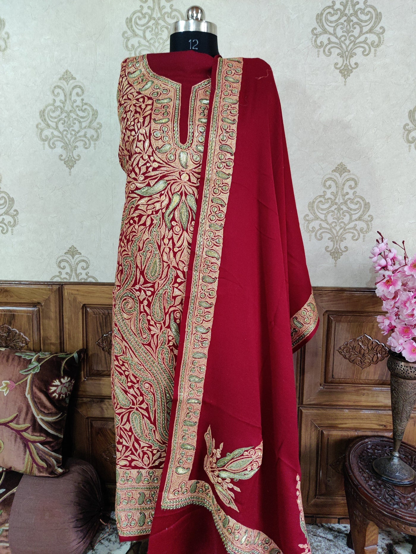 MaroonKashmiri Woollen Suit With Tilla Embroidery jaal design (3 pcs). Kashmiri  Suit online – KashmKari