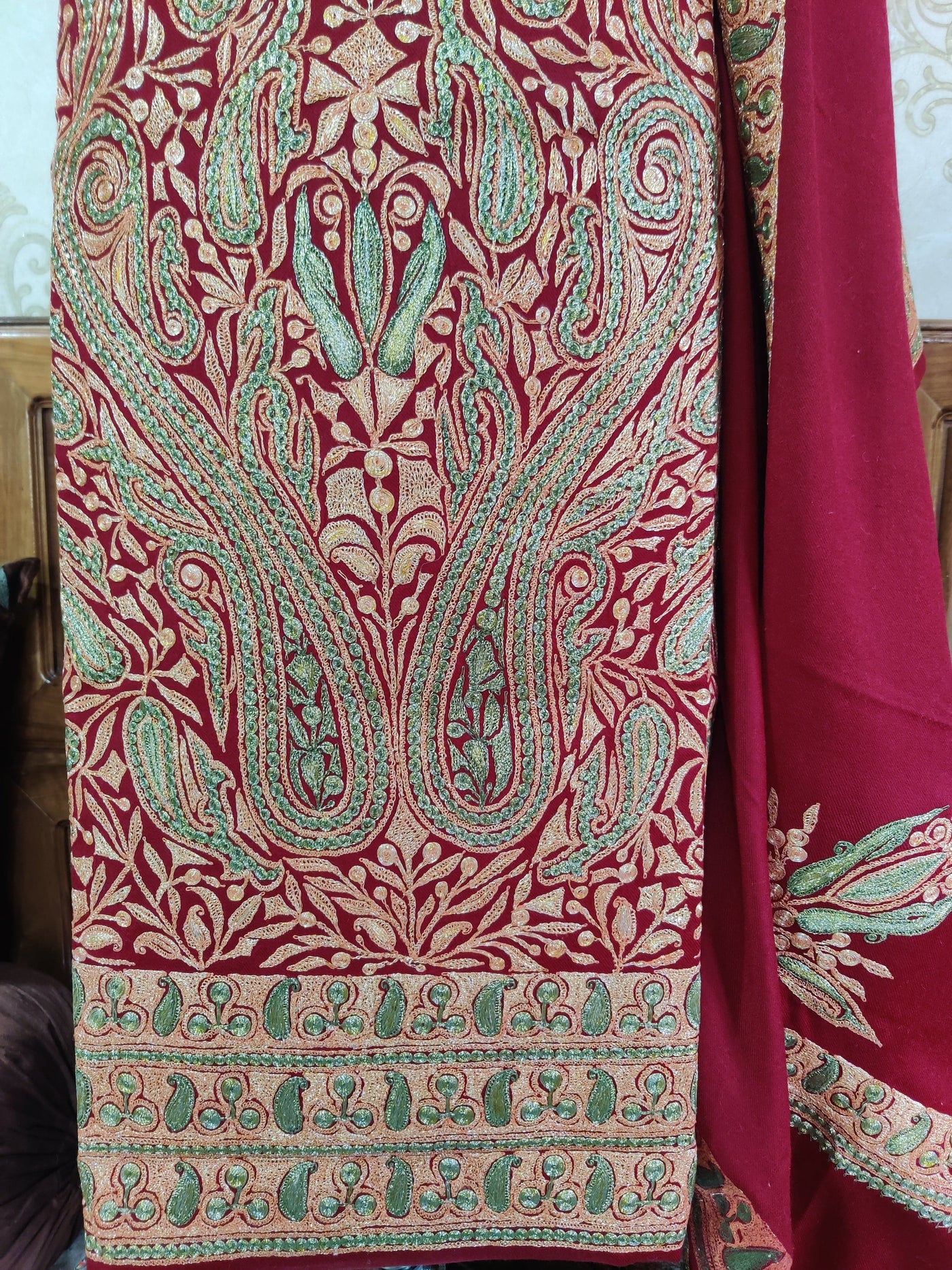 Maroon Kashmiri Woolen Suit with Multi Dual Color Tilla Embroidery All Over Paisley Designs (3 Pcs) Woolen Suit KashmKari Blue Kashmiri Woollen Suit With Tilla Embroidery jaal design (3 pcs).  Kashmiri Suit online