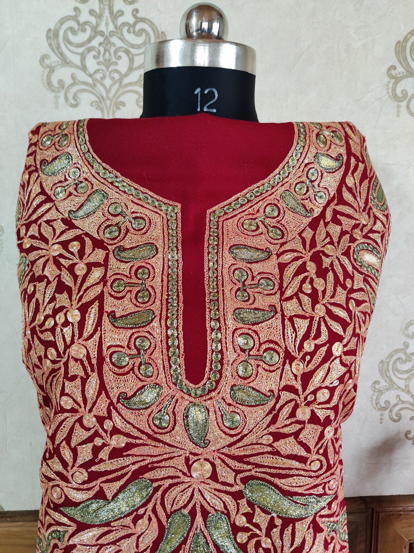 Maroon Kashmiri Woolen Suit with Multi Dual Color Tilla Embroidery All Over Paisley Designs (3 Pcs) Woolen Suit KashmKari Blue Kashmiri Woollen Suit With Tilla Embroidery jaal design (3 pcs).  Kashmiri Suit online