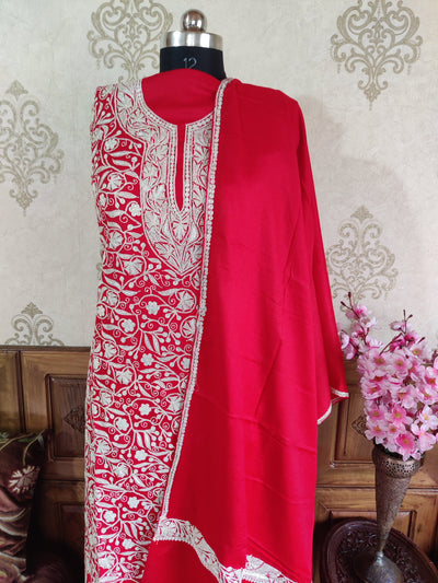 Maroon Kashmiri Woolen Suit With White Tilla Embroidery Jaal Design (3 Pcs) Woolen Suit KashmKari Blue Kashmiri Woollen Suit With Tilla Embroidery jaal design (3 pcs).  Kashmiri Suit online