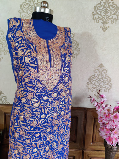 Woolen Kashmiri Suit With all over golden Tilla Embroidery Jaal Design (3 pcs) Woolen Suit KashmKari Blue Kashmiri Woollen Suit With Tilla Embroidery jaal design (3 pcs).  Kashmiri Suit online