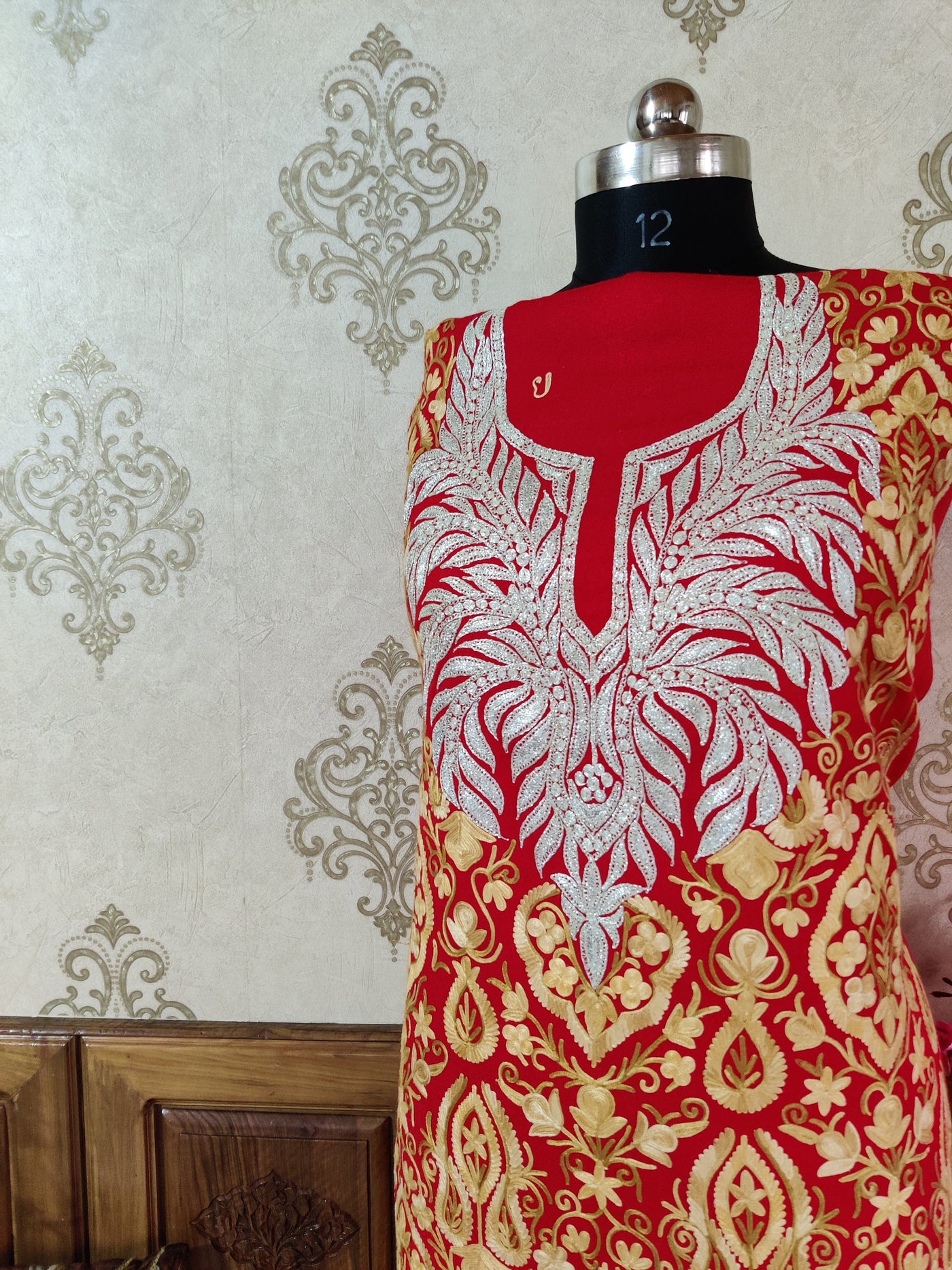 Woollen Kashmiri Suit With Aari plus Tilla Embroidery (3 pcs) Woolen Suit KashmKari MaroonKashmiri Woollen Suit With Tilla Embroidery jaal design (3 pcs).  Kashmiri Suit online